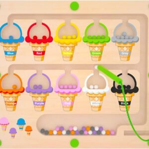 Brinquedo Educativo de Madeira Montessori Magnético com Sorvetes – Tabuleiro de Contar Cores e Números com Caneta Imantada para Crianças 2 3 4 5 6 7 Anos – Brinquedo Infantil Menina e Menino
