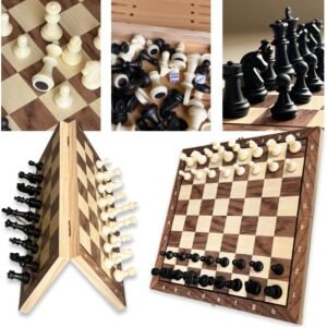 Jogo de Xadrez 3 em 1 com Dama e Gamão, Peças em Resina, 29x29cm, Estilo Estojo Clássico Profissional Luxo, Tabuleiro Portátil Organizado Premium