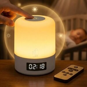 Luminária de Mesa LED Recarregável com Relógio Digital e Controle Remoto, Abajur Touch Dimerizável Sem Fio Portátil, Luz Noturna para Quarto Infantil, Berçário e Escritório