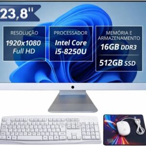 Computador All in One 23,8″ Full HD Intel Core i5-8250U SSD 512GB 16GB RAM, Wi-Fi Bluetooth HDMI VGA, Alto-Falantes e Webcam Integrados com Teclado e Mouse PC Completo