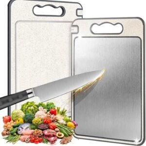 Tábua de Corte Inox Cozinha Dupla Face Aço Inoxidável e PP, Superfície Higiênica para Carnes, Frutas e Vegetais, Afiador Integrado Base Antiderrapante e Alça Ergonômica Premium