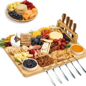 LUMAI Kit Tábua Para Queijos e Frios com Petisqueira, Facas, Garfos, Potes e Bandeja de Bambu – Ideal Para Servir Aperitivos, Snacks e Montar Mesa de Frios Completa