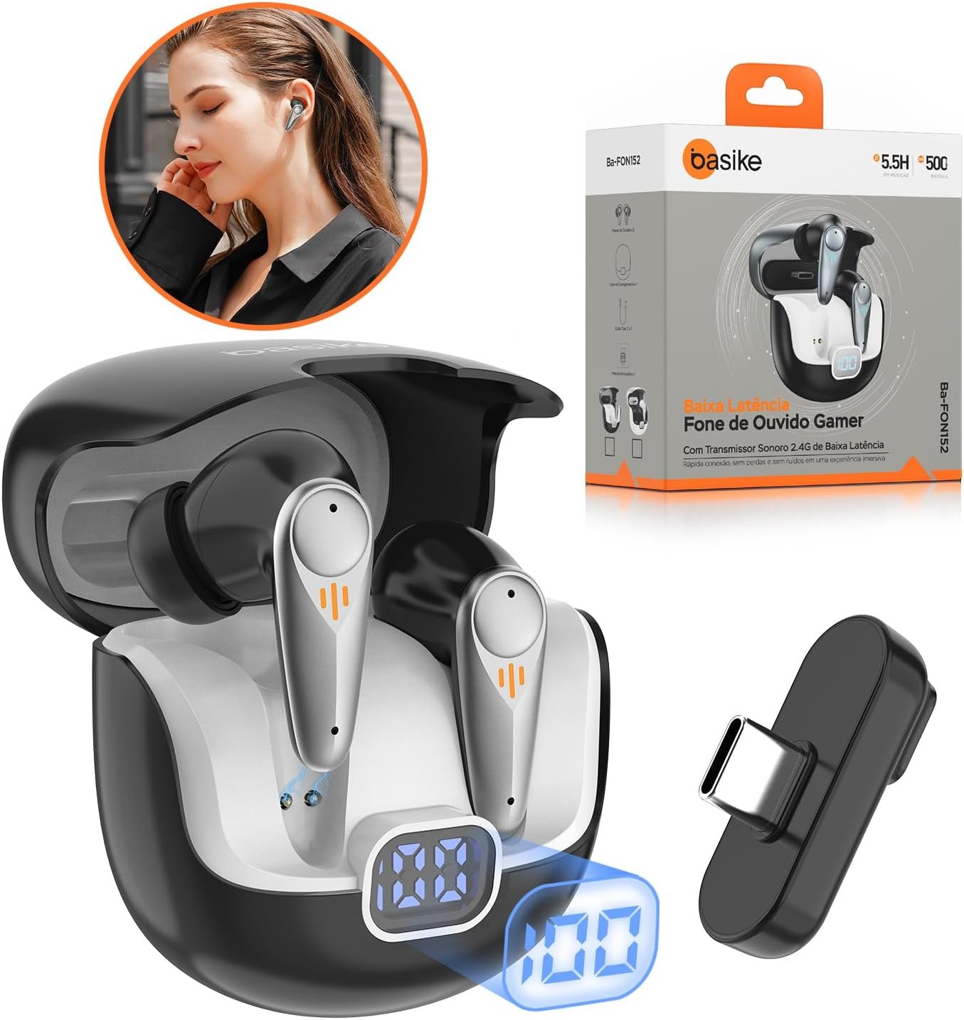 Basike Fone de Ouvido Gamer Sem Fio Bluetooth 5.4, Headset 2.4GHz com Baixa Latência 30ms, Mic ENC, Display LED, Receptor Type-C – PS5/4, Switch, PC, Steam Deck e VR – Preto - Imagem 8