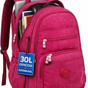 Mochila Grande 30L Nylon Impermeável Feminina Masculina Escolar Juvenil Notebook 15″ — Mochila Preta Resistente com Múltiplos Bolsos, Leve, Casual e Reforçada para Escola e Viagens