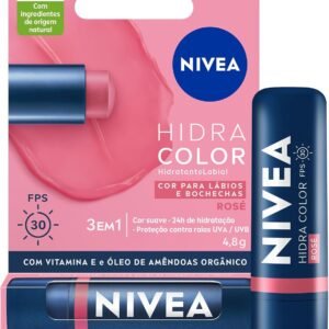 NIVEA Hidratante Labial Hidra Color 3 em 1 Rosé 4,8g, Cor Intensa, Hidratação 24h, Proteção UVA/UVB, Lábios e Bochechas
