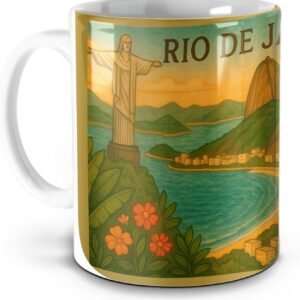 Caneca Rio de Janeiro – Arte Vintage com Cristo Redentor, Pão de Açúcar e Tucano (Branco)