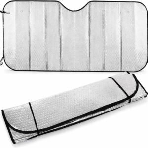 Protetor Solar para Para-brisa Automotivo, Prata, Alumínio Refletivo, 130x60cm, Dobrável com Ventosas
