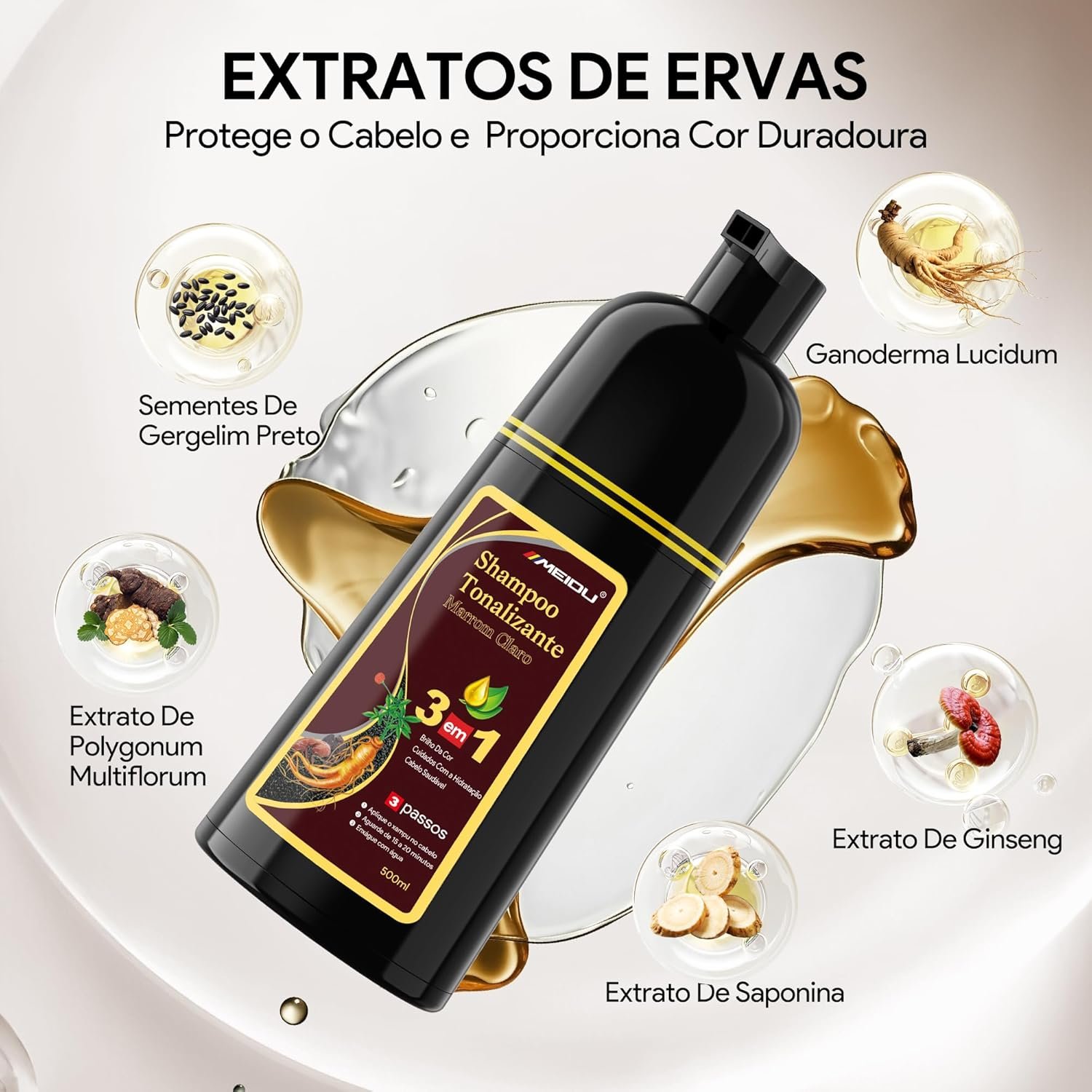 Shampoo Tonalizante Castanho 3 em 1 para Cabelos Grisalhos, Shampoo que Pinta o Cabelo para Mulheres e Homens, Tinta de Cabelo com Extratos Vegetais, Cobertura de Fios Brancos até 15 Dias, 500ml - Imagem 3