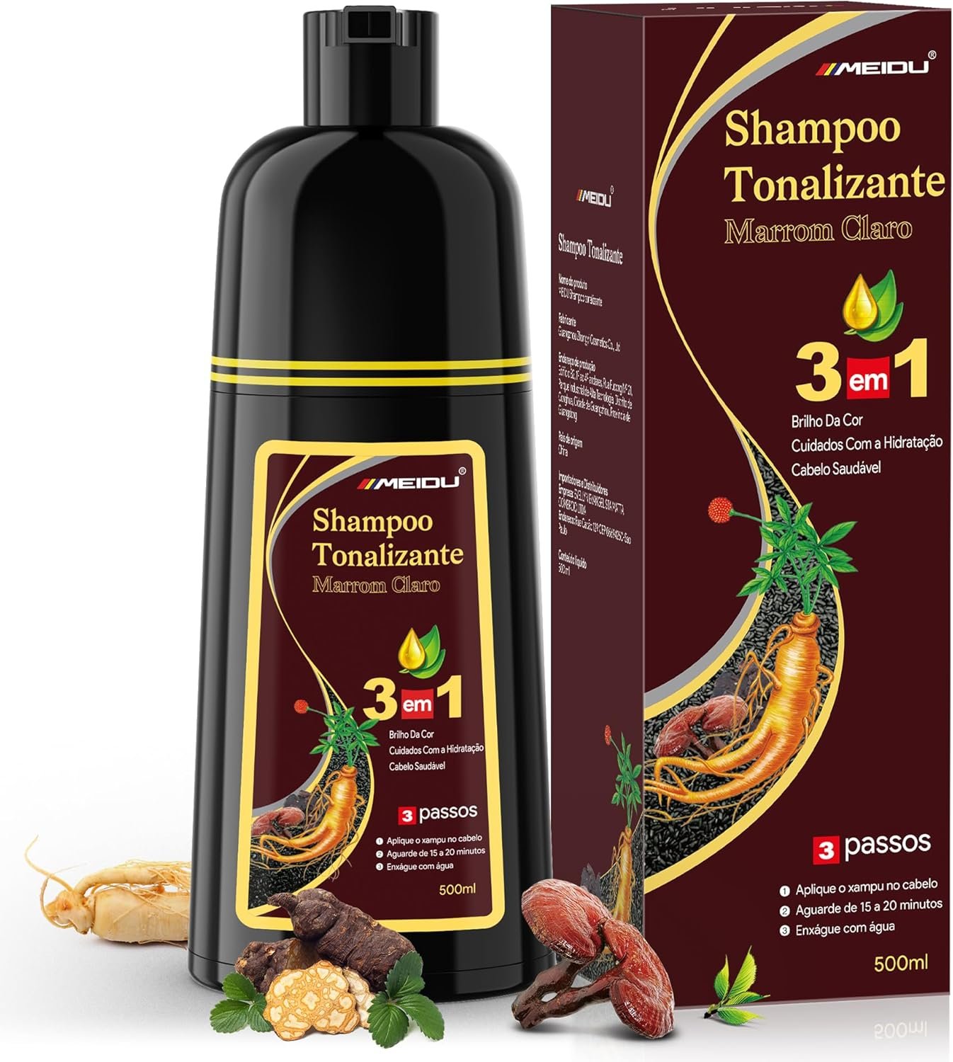 Shampoo Tonalizante Castanho 3 em 1 para Cabelos Grisalhos, Shampoo que Pinta o Cabelo para Mulheres e Homens, Tinta de Cabelo com Extratos Vegetais, Cobertura de Fios Brancos até 15 Dias, 500ml