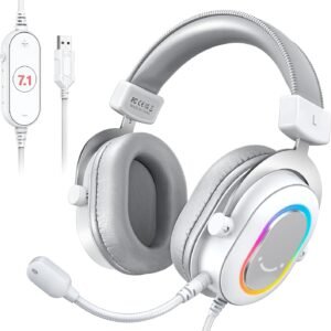 FIFINE USB Gaming Fone, fones de ouvido PC com fio com microfone para computador/laptop, over-ear RGB headset com som surround 7.1, cancelamento de ruído para streaming de vídeo game – H6 branco