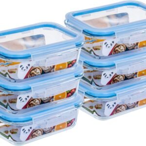 Gato Panda Kit 6 Potes de Vidro Hermético 640ml Borossilicato com Tampa 4 Travas – Recipiente Retangular para Marmita, Micro-ondas, Forno e Freezer – Armazenamento de Alimentos – Sem BPA