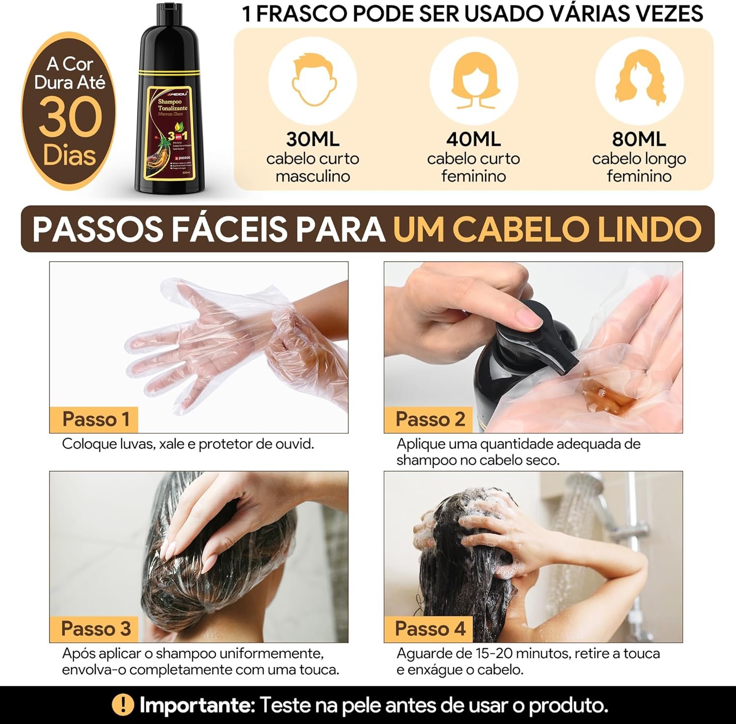 Shampoo Tonalizante Castanho 3 em 1 para Cabelos Grisalhos, Shampoo que Pinta o Cabelo para Mulheres e Homens, Tinta de Cabelo com Extratos Vegetais, Cobertura de Fios Brancos até 15 Dias, 500ml - Imagem 4