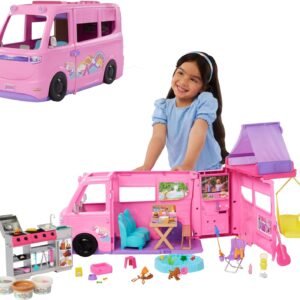 Barbie Dream Camper Playset com barraca de teto, cadeira de balanço, lago de pesca, churrasqueira com recurso de mudança de cor e mais de 60 acessórios, incluindo massa