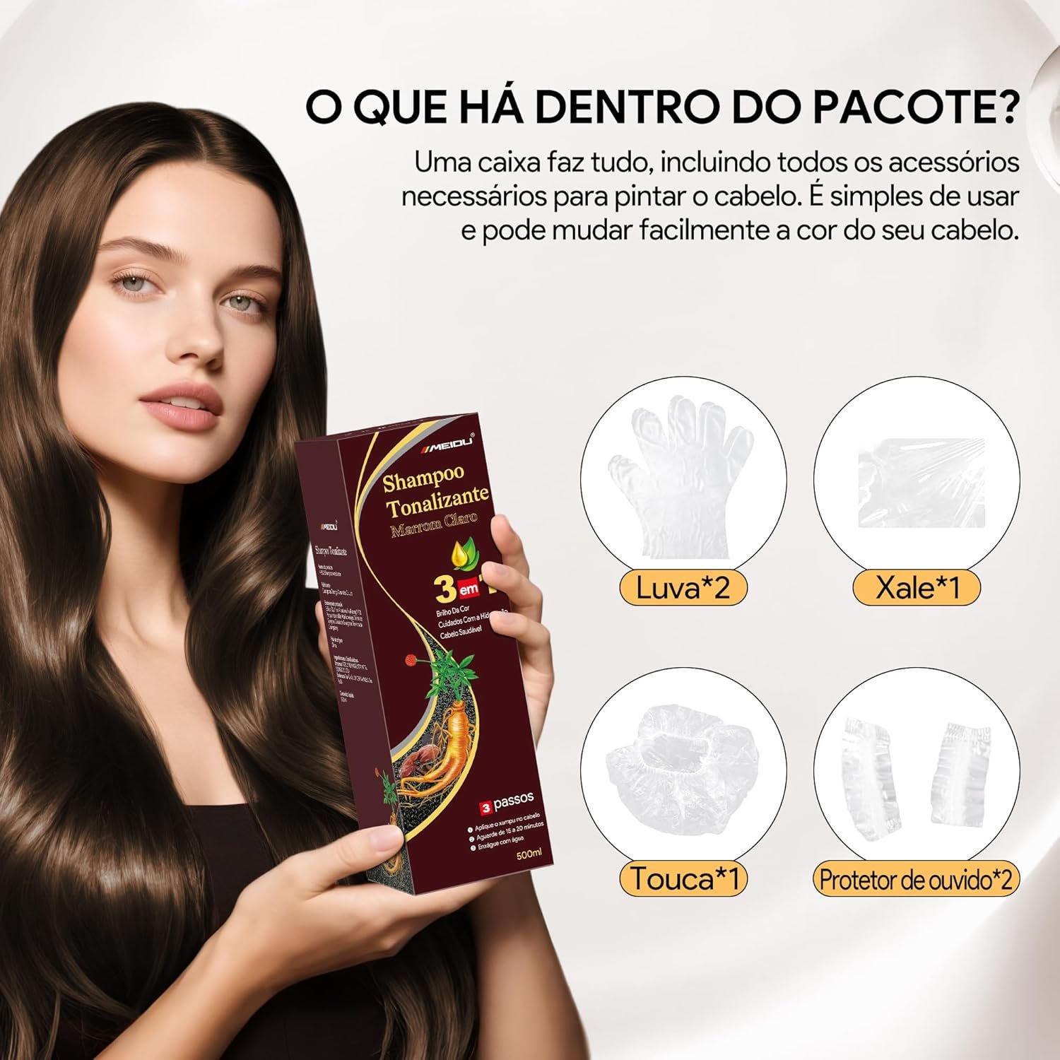 Shampoo Tonalizante Castanho 3 em 1 para Cabelos Grisalhos, Shampoo que Pinta o Cabelo para Mulheres e Homens, Tinta de Cabelo com Extratos Vegetais, Cobertura de Fios Brancos até 15 Dias, 500ml - Imagem 5