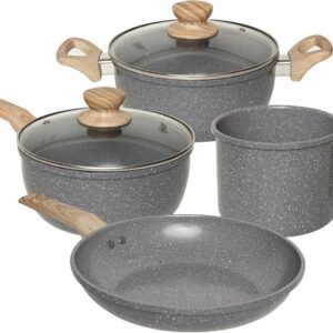 OSTER JOGO DE PANELAS E LEITEIRA MARBLE EDITION DARK GREY – 4 PEÇAS COM REVESTIMENTO CERÂMICO ANTIADERENTE, ALÇAS EM SILICONE ANTITÉRMICO E BASE COMPATÍVEL COM INDUÇÃO