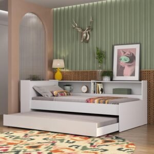 Bicama Solteiro com Colchão Incluso, Prateleira Lateral e Baú Embutido Multimóveis Branco