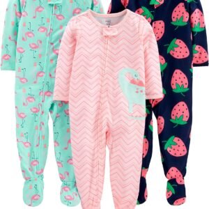 Macacão de dormir para bebês Pacote com 3 pijamas com pés de jérsei de poliéster resistente a chamas de ajuste solto Simple Joys by Carter’sMeninas