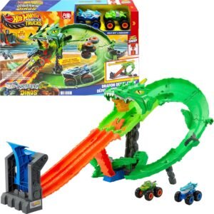 Hot Wheels Monster Trucks Pista de Brinquedo Tubarões vs. Dinossauros: Destruição do Dragão para crianças a partir de 4 anos