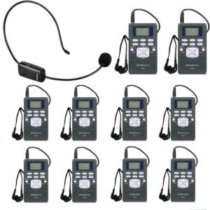 Retekess Sistema de tradução de igreja com 1 fone de ouvido transmissor FM TR503 e 10 receptores de rádio FM PR13, sistema de audição para igreja escolar e museu da fábrica (1 transmissor e 10