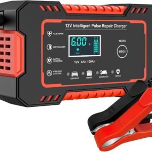 Carregador de Bateria 12V 6A Inteligente com Carga Lenta, Desulfatador e Compensação de Temperatura para Carro, Moto, Caminhão, Barco e Baterias de Chumbo-Ácido (Vermelho)