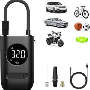 Compressor de Ar Portátil, Bomba de Ar com Tela Digital e Parada Automática, Calibrador de Pneus de Carro, Moto, Bike, Bicicleta, Bola e Piscina Inflável,3 Bocais e LED