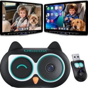 OTTOCAST Câmera de carro de bebê 1080p visão noturna transparente sem brilho, exibição na tela do carro, carro sem fio e Android Auto, navegação em tela dividida, monitor de bebê virado para trás