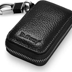 Buffway Chaveiro de carro, chaveiro de couro legítimo, porta-moedas, gancho de metal e porta-chaves carteira com zíper para entrada sem chave de veículo