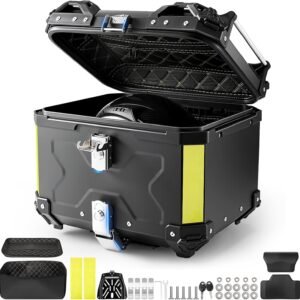 Baú para Moto, BateiaPro Bau Moto de Alumínio, Bauleto 45 Litros Modelo Universal, Bau para Moto Impermeável com Estofamento, Encosto e Porta-copos,Faixas Refletoras de Segurança